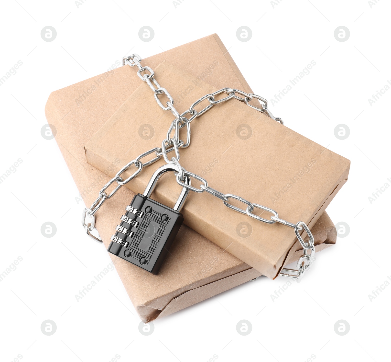 Photo of Parcels with chain and padlock isolated on white