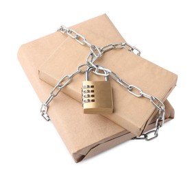 Parcels with chain and padlock isolated on white