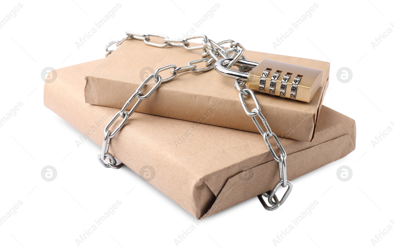 Photo of Parcels with chain and padlock isolated on white