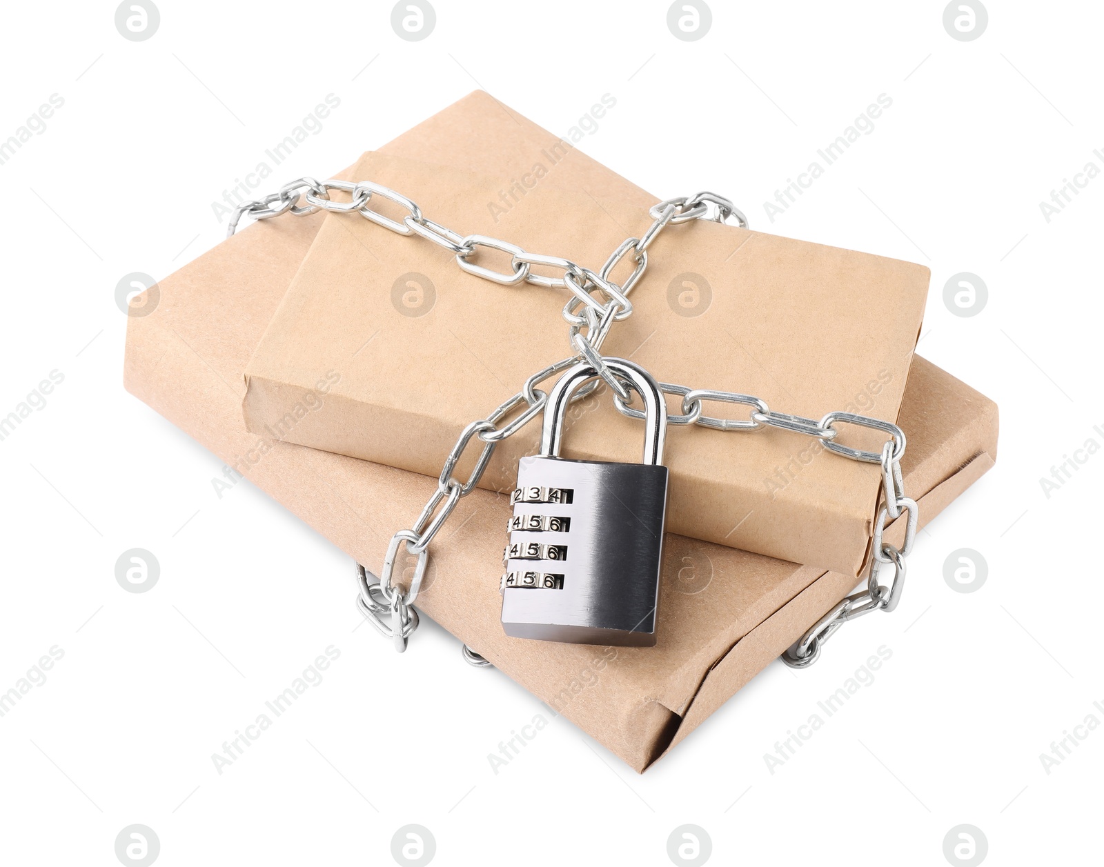 Photo of Parcels with chain and padlock isolated on white