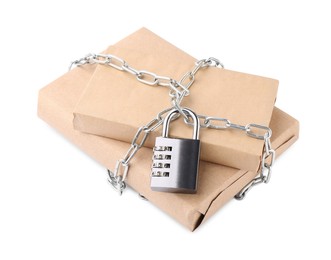 Parcels with chain and padlock isolated on white