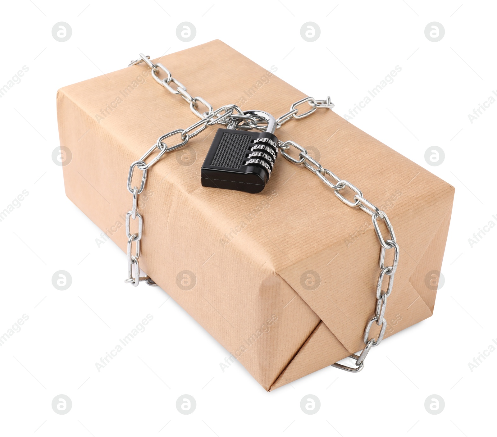 Photo of One parcel with chain and padlock isolated on white