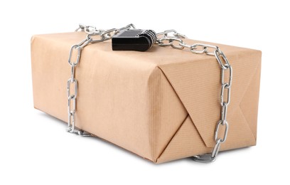 Photo of One parcel with chain and padlock isolated on white