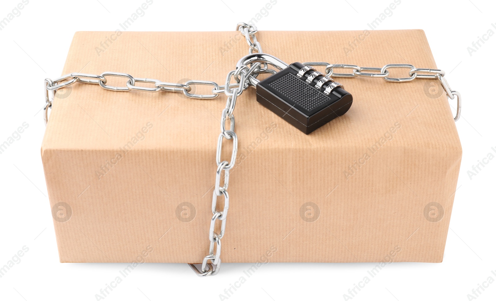 Photo of One parcel with chain and padlock isolated on white