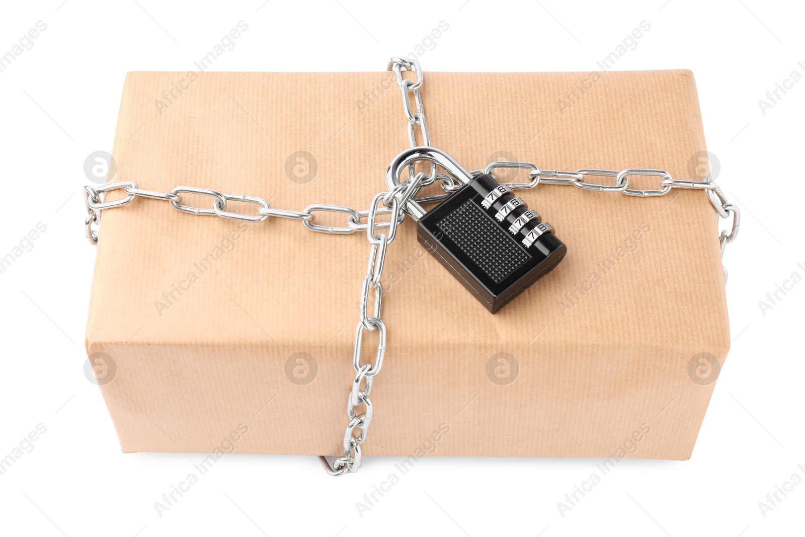 Photo of One parcel with chain and padlock isolated on white