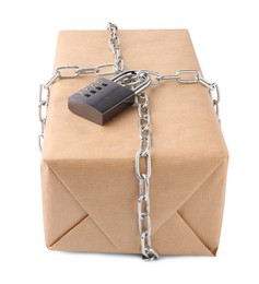 Photo of One parcel with chain and padlock isolated on white