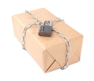 Photo of One parcel with chain and padlock isolated on white