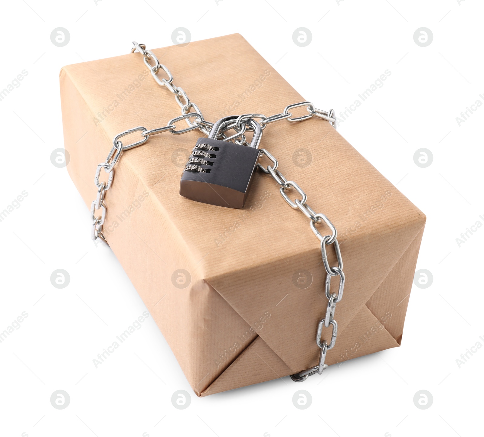 Photo of One parcel with chain and padlock isolated on white