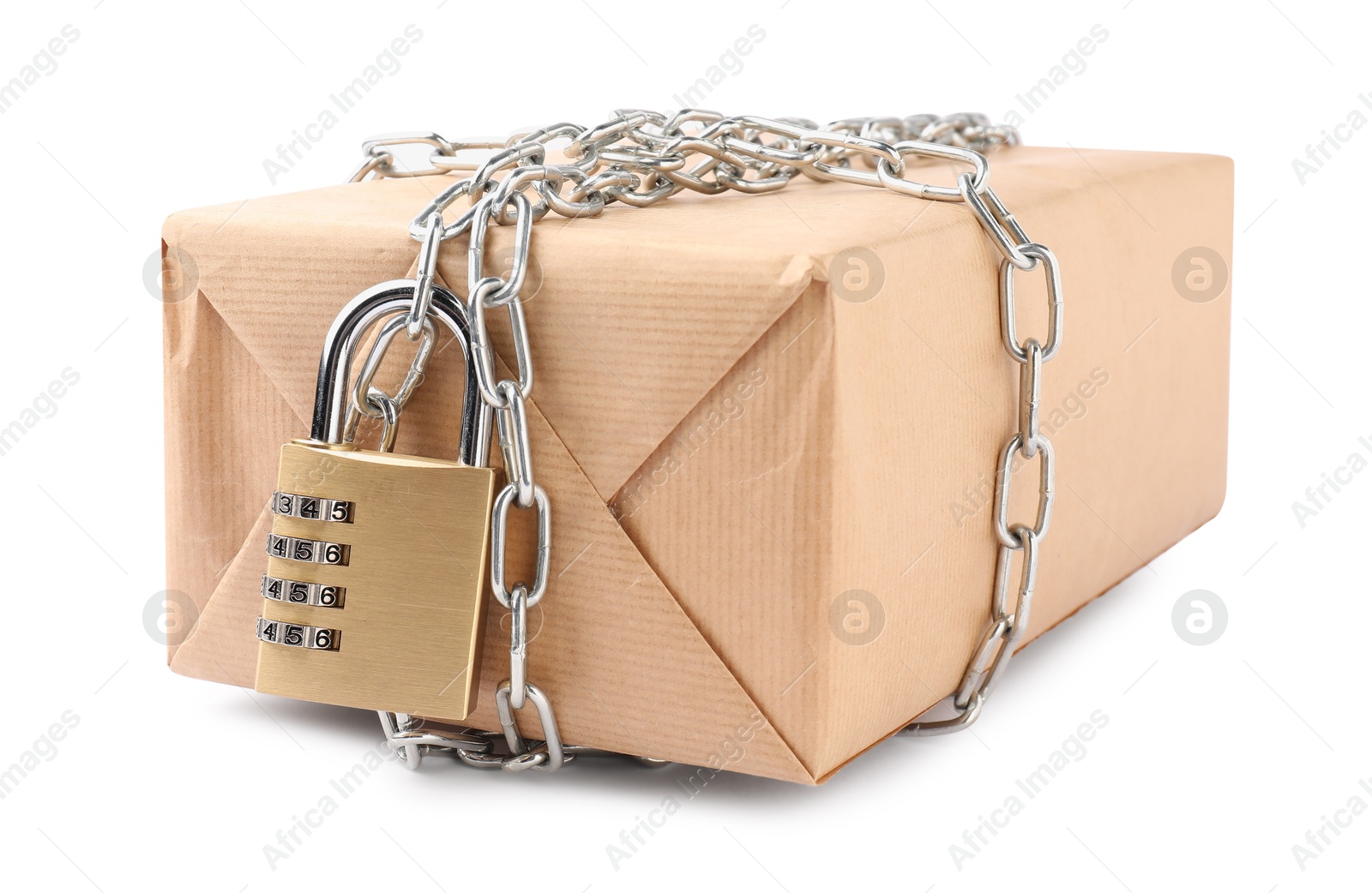 Photo of One parcel with chain and padlock isolated on white