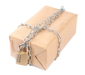 Photo of One parcel with chain and padlock isolated on white