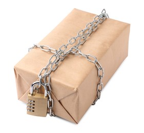 Photo of One parcel with chain and padlock isolated on white