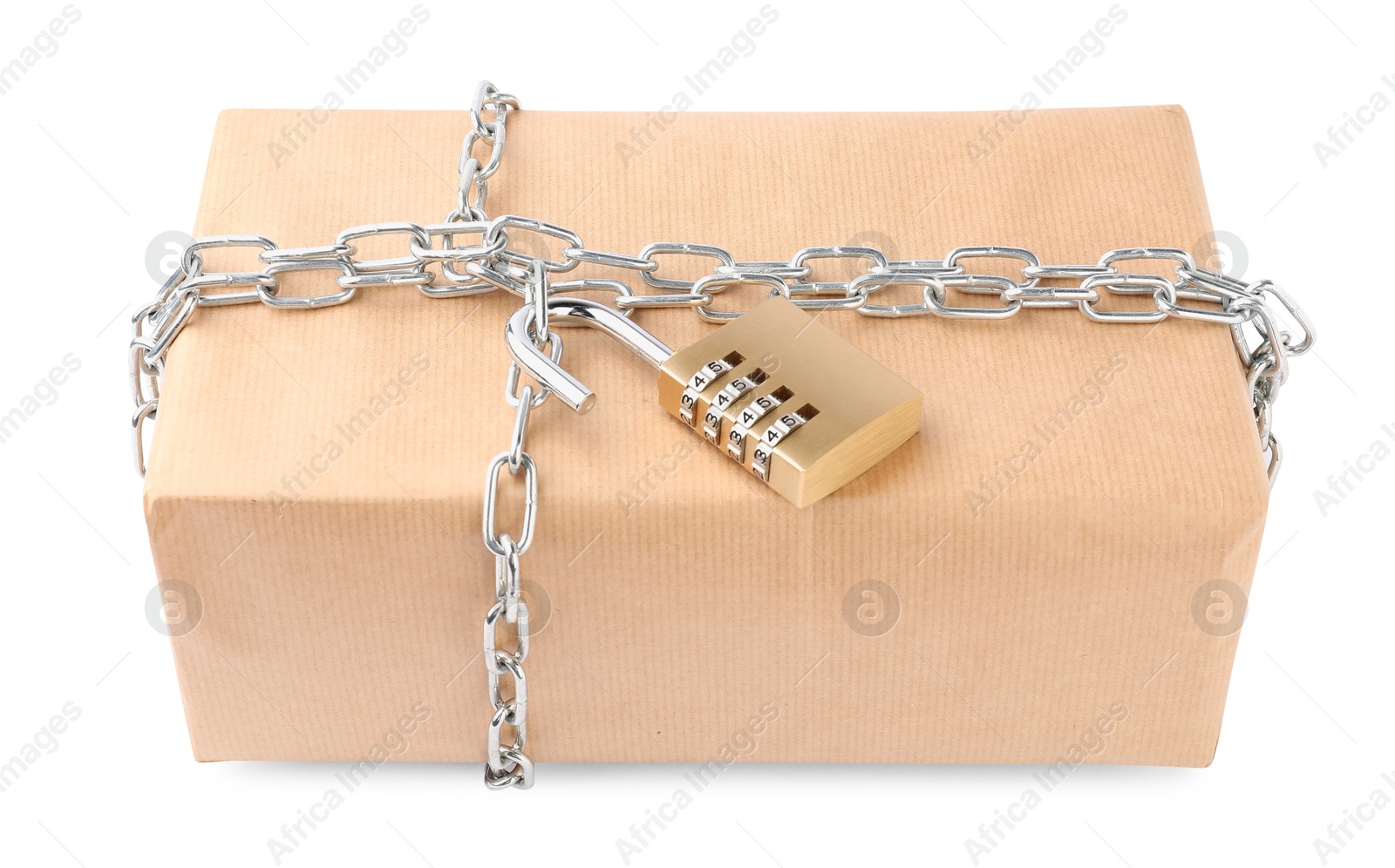 Photo of One parcel with chain and padlock isolated on white