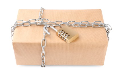 Photo of One parcel with chain and padlock isolated on white