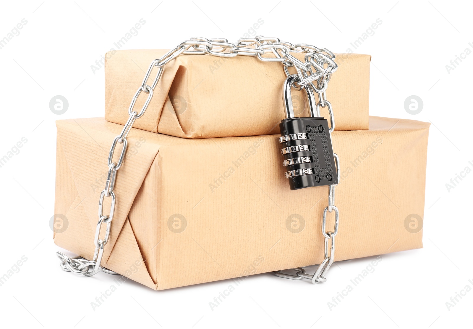 Photo of Parcels with chain and padlock isolated on white