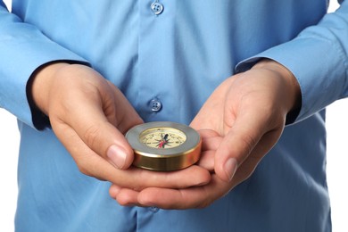 Photo of Man holding compass on white background, closeup