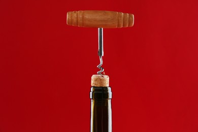 Photo of Bottle with corkscrew on red background, closeup