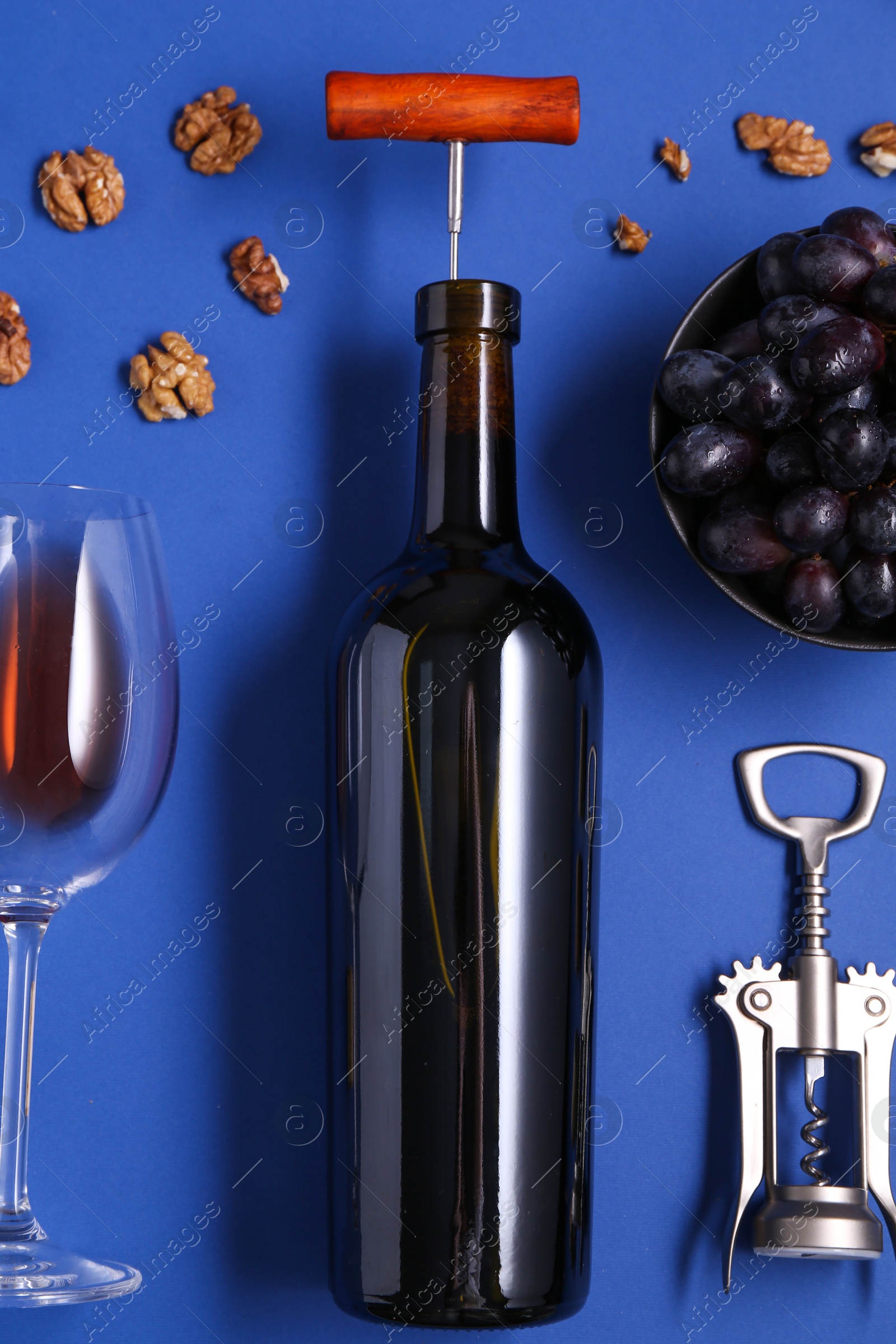 Photo of Flat lay composition of bottle with corkscrew and grapes on blue background