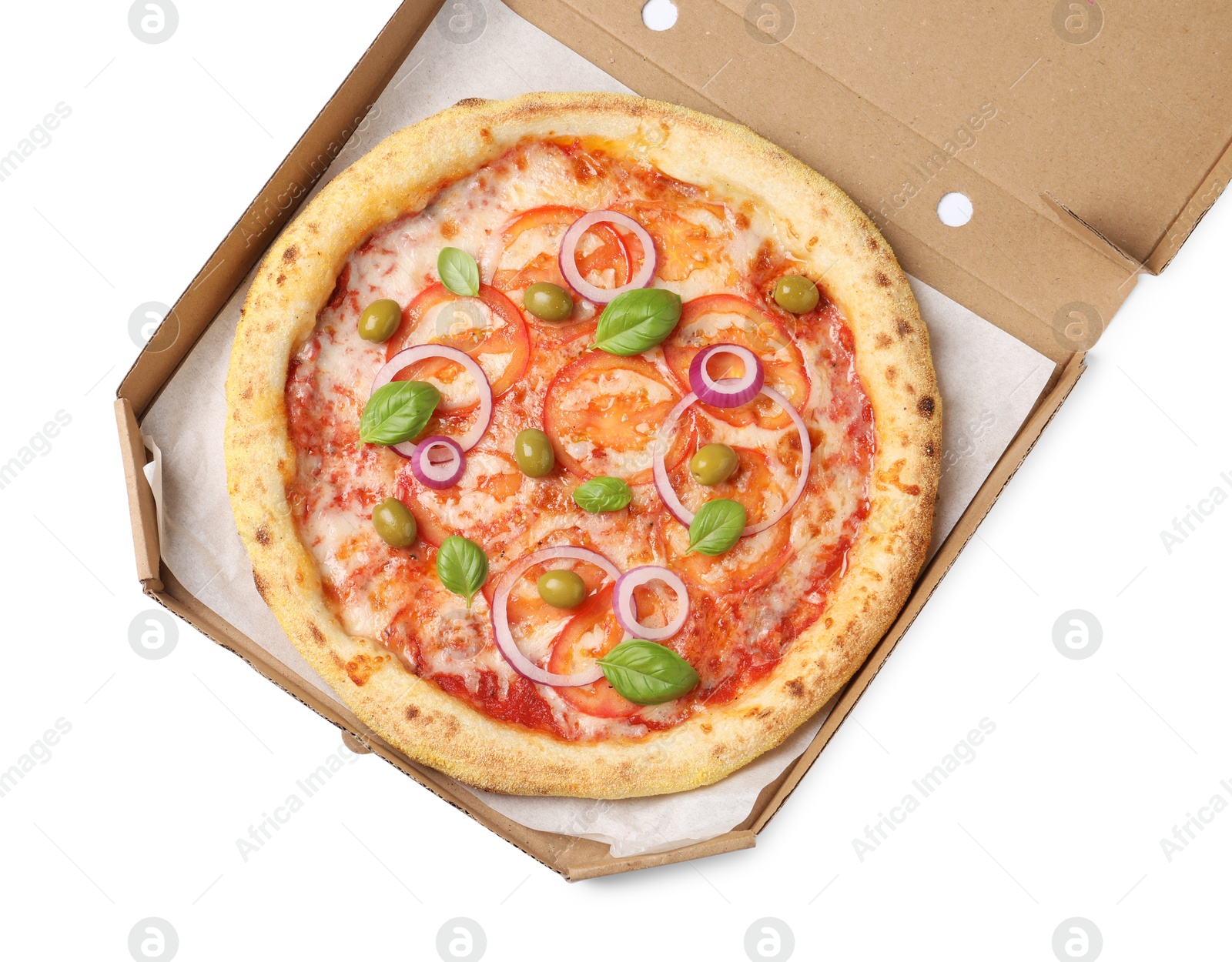 Photo of Delicious vegetarian pizza in box isolated on white, top view