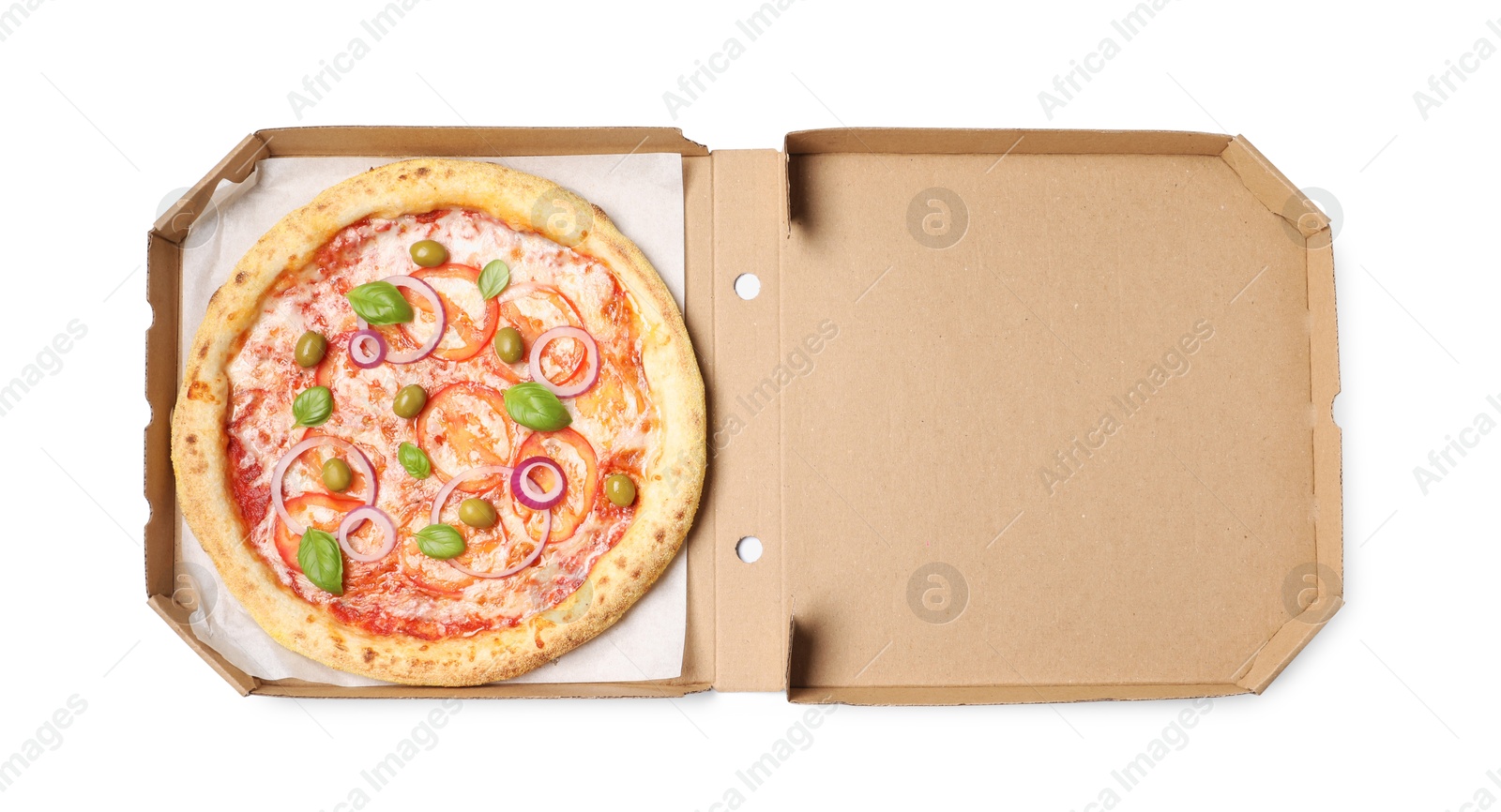 Photo of Delicious vegetarian pizza in box isolated on white, top view