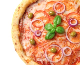 Photo of Delicious vegetarian pizza isolated on white, top view