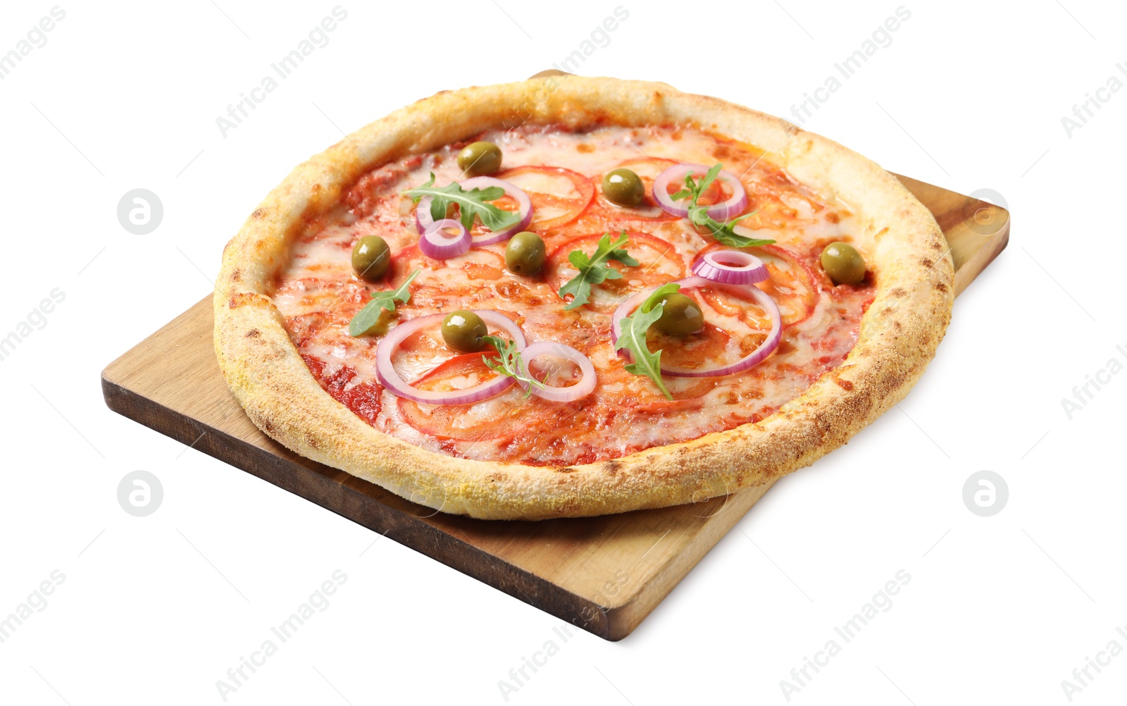 Photo of Delicious vegetarian pizza with fresh arugula isolated on white