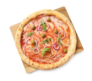 Photo of Delicious vegetarian pizza isolated on white, top view