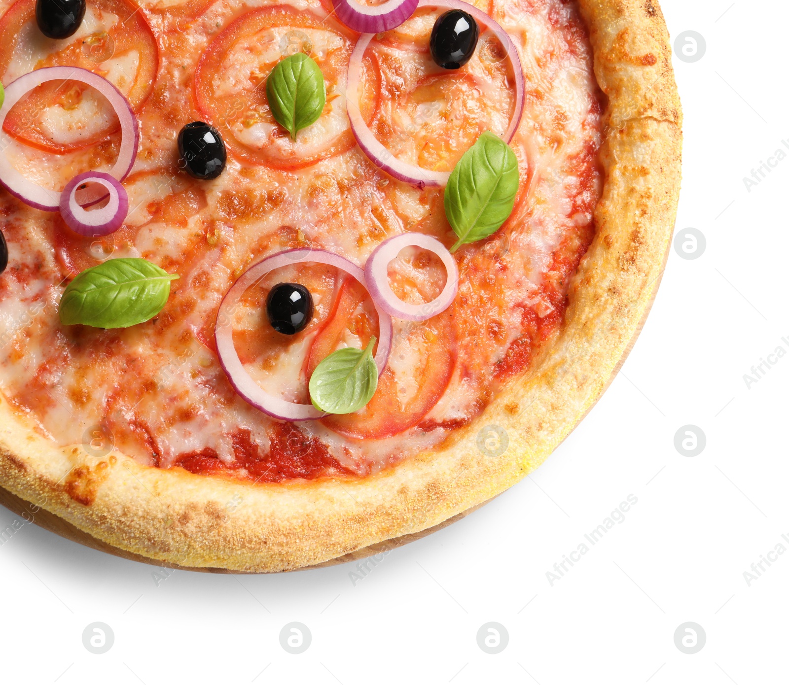 Photo of Delicious vegetarian pizza isolated on white, top view