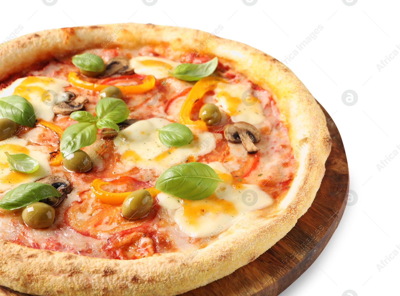 Photo of Delicious vegetarian pizza with fresh basil isolated on white