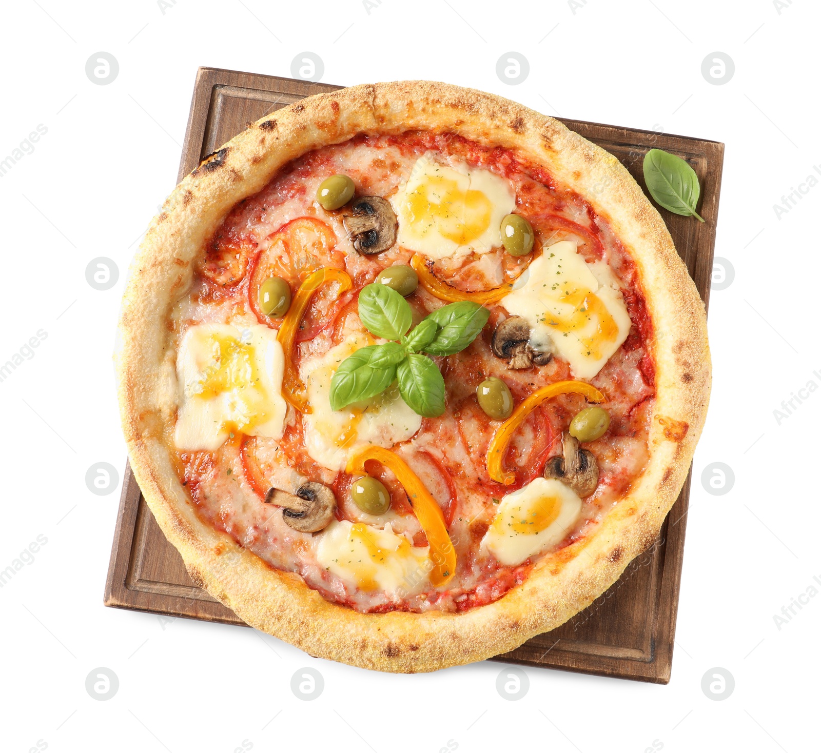 Photo of Delicious vegetarian pizza isolated on white, top view