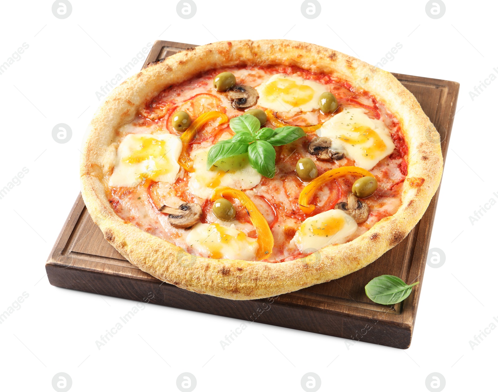 Photo of Delicious vegetarian pizza with fresh basil isolated on white