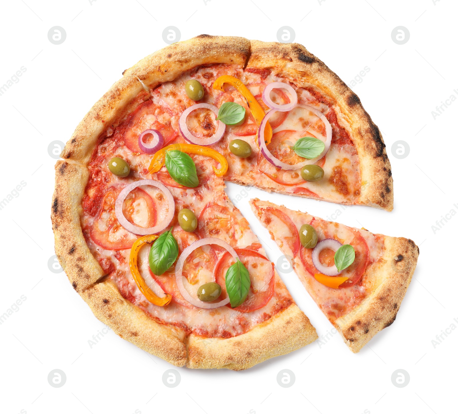 Photo of Cut delicious vegetarian pizza isolated on white, top view