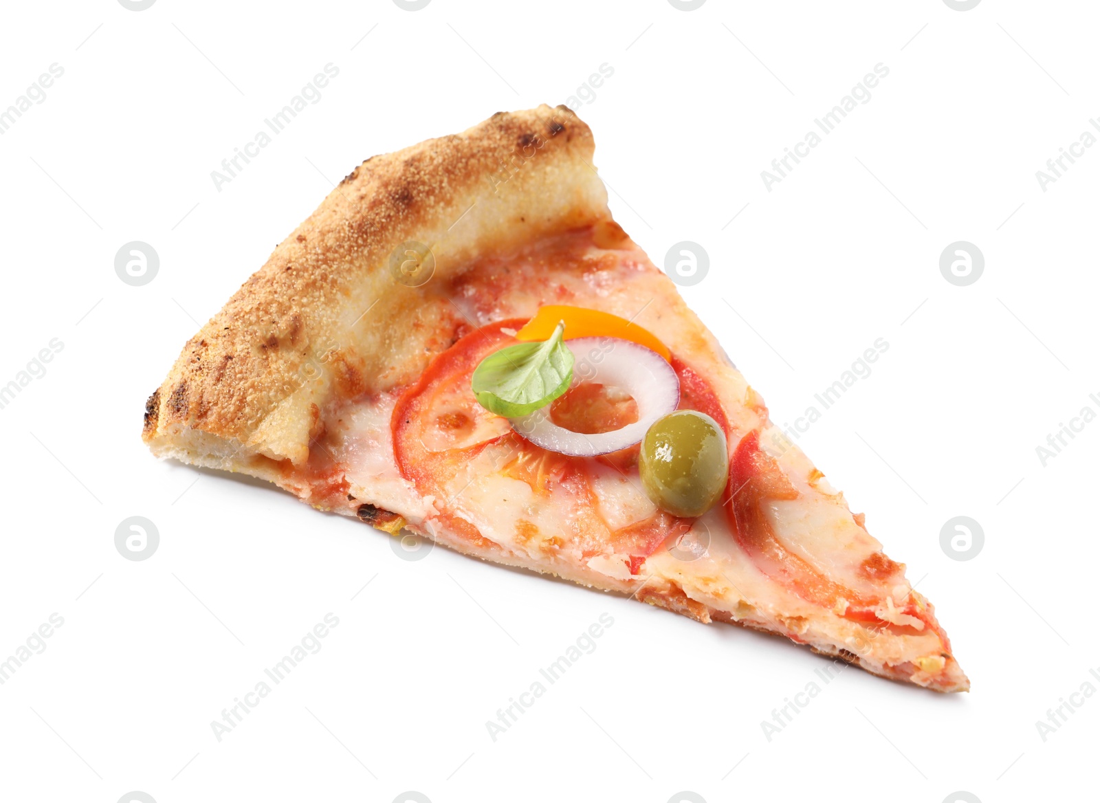 Photo of Slice of delicious vegetarian pizza isolated on white