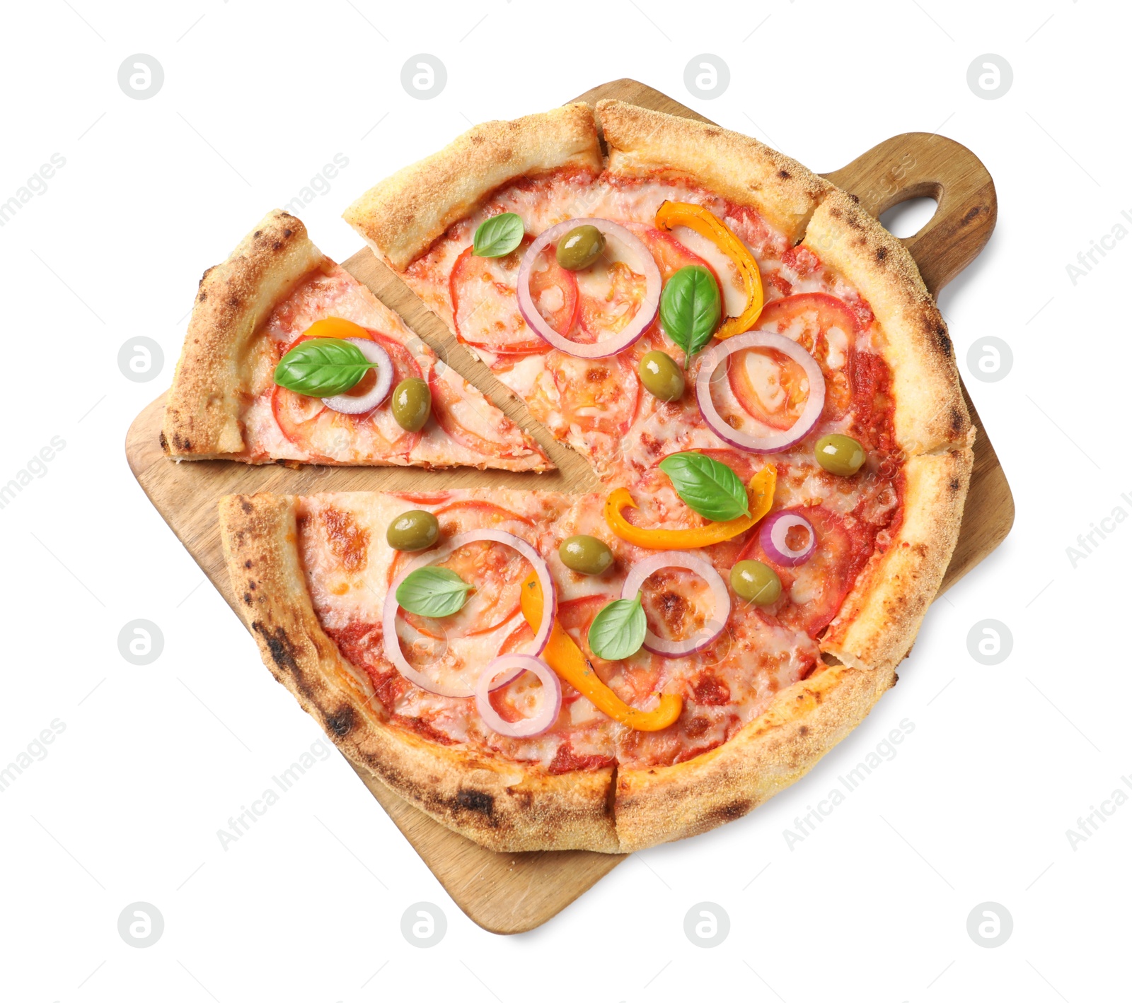 Photo of Cut delicious vegetarian pizza isolated on white, top view