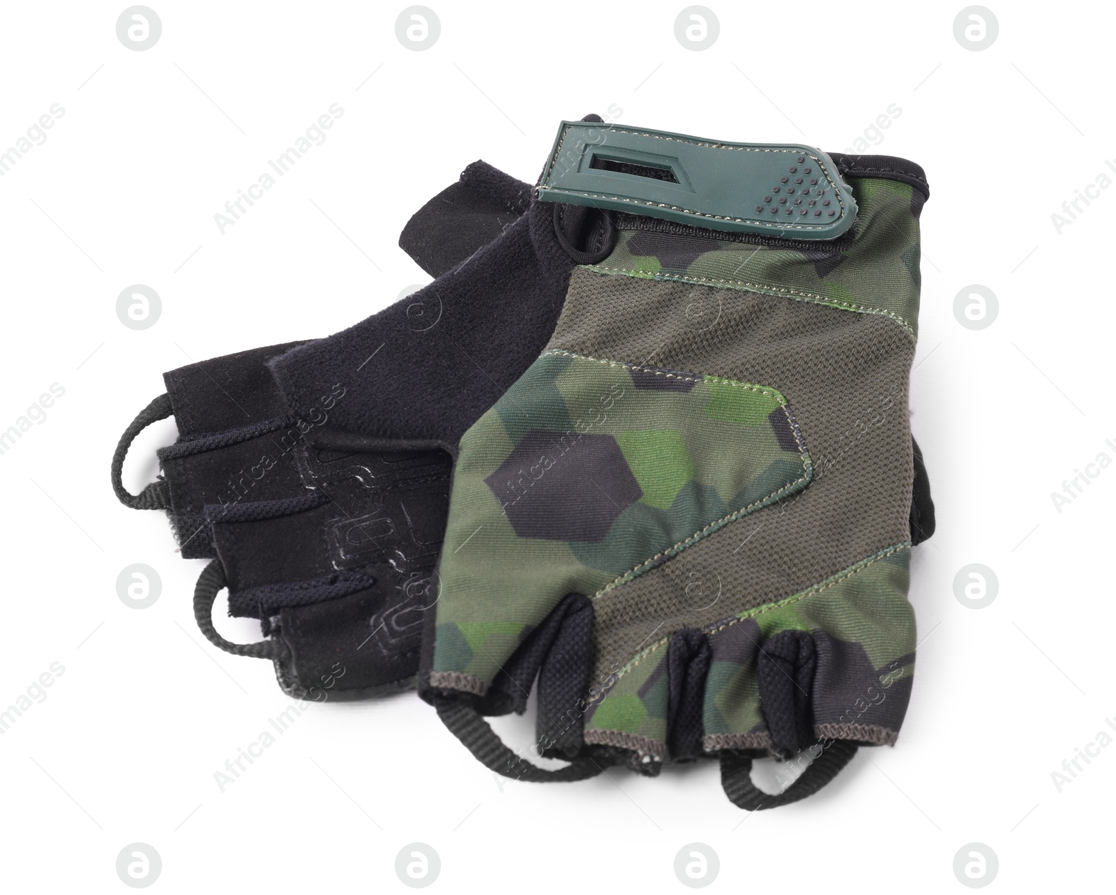 Photo of Pair of stylish fingerless cycling gloves isolated on white