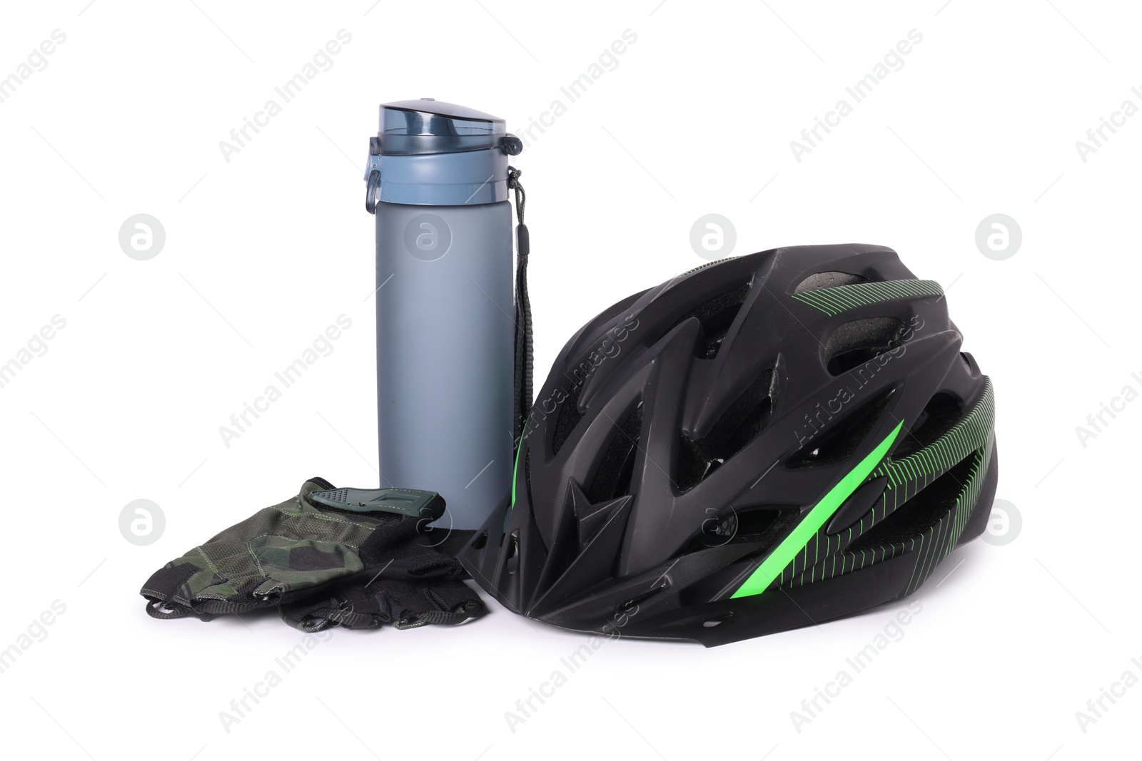 Photo of Bicycle helmet, thermo bottle and fingerless gloves isolated on white