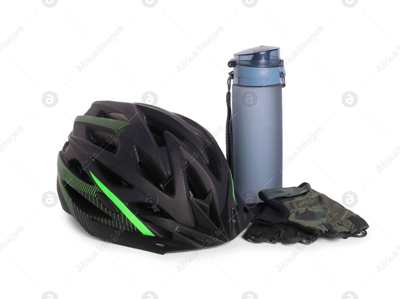 Photo of Bicycle helmet, thermo bottle and fingerless gloves isolated on white