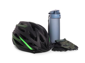 Photo of Bicycle helmet, thermo bottle and fingerless gloves isolated on white