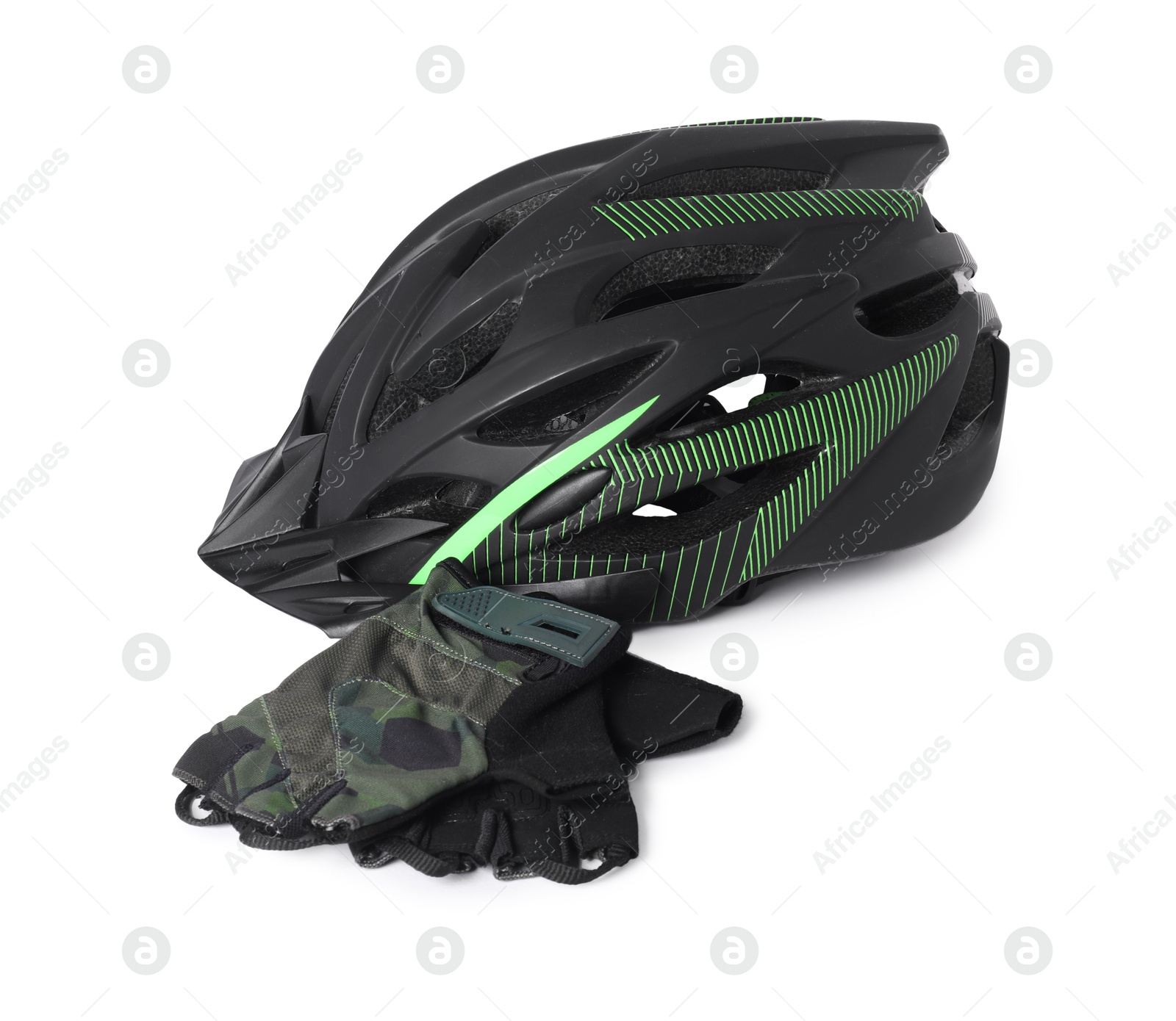 Photo of Bicycle helmet and fingerless gloves isolated on white