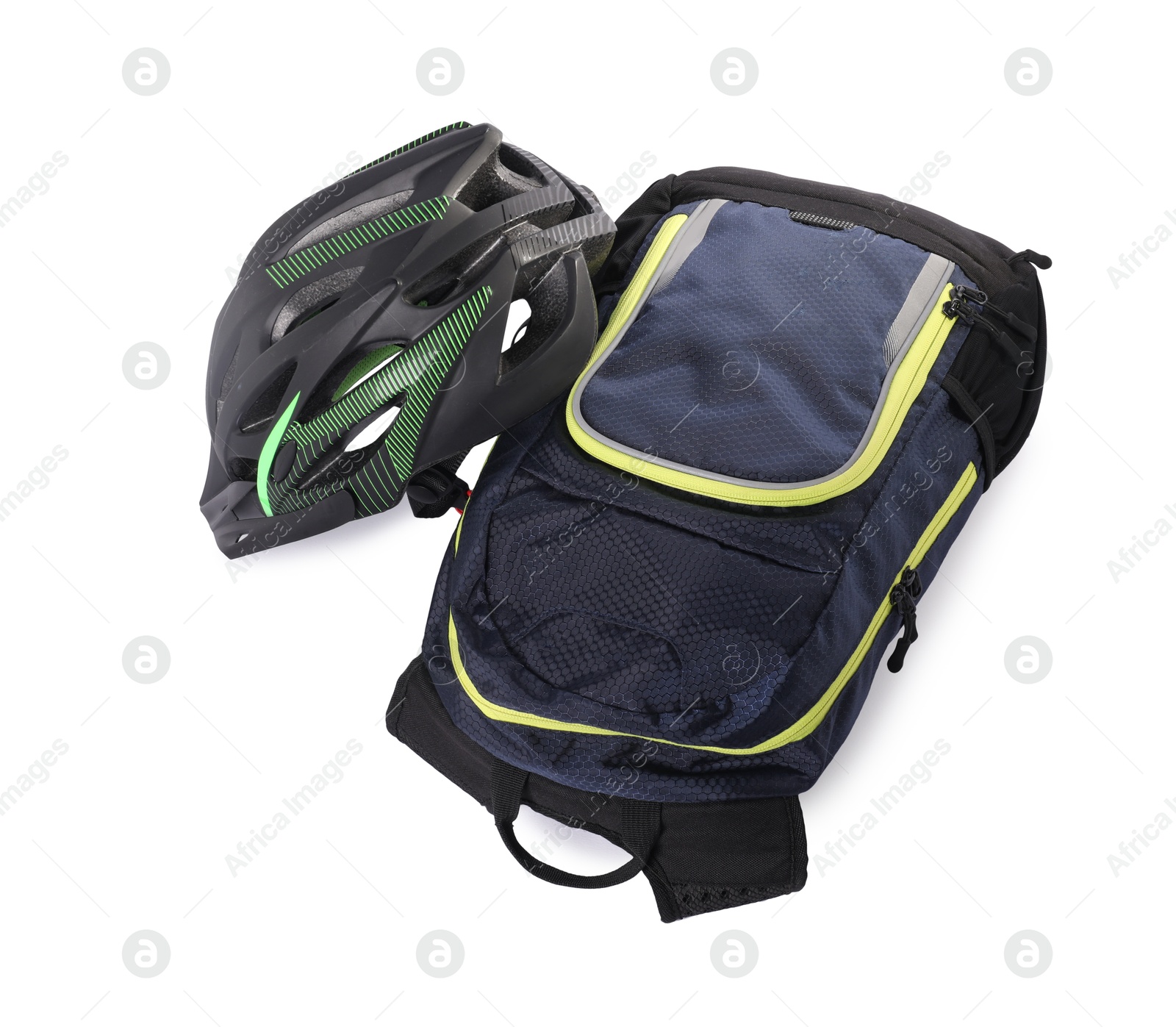 Photo of Backpack, bicycle helmet and goggles isolated on white