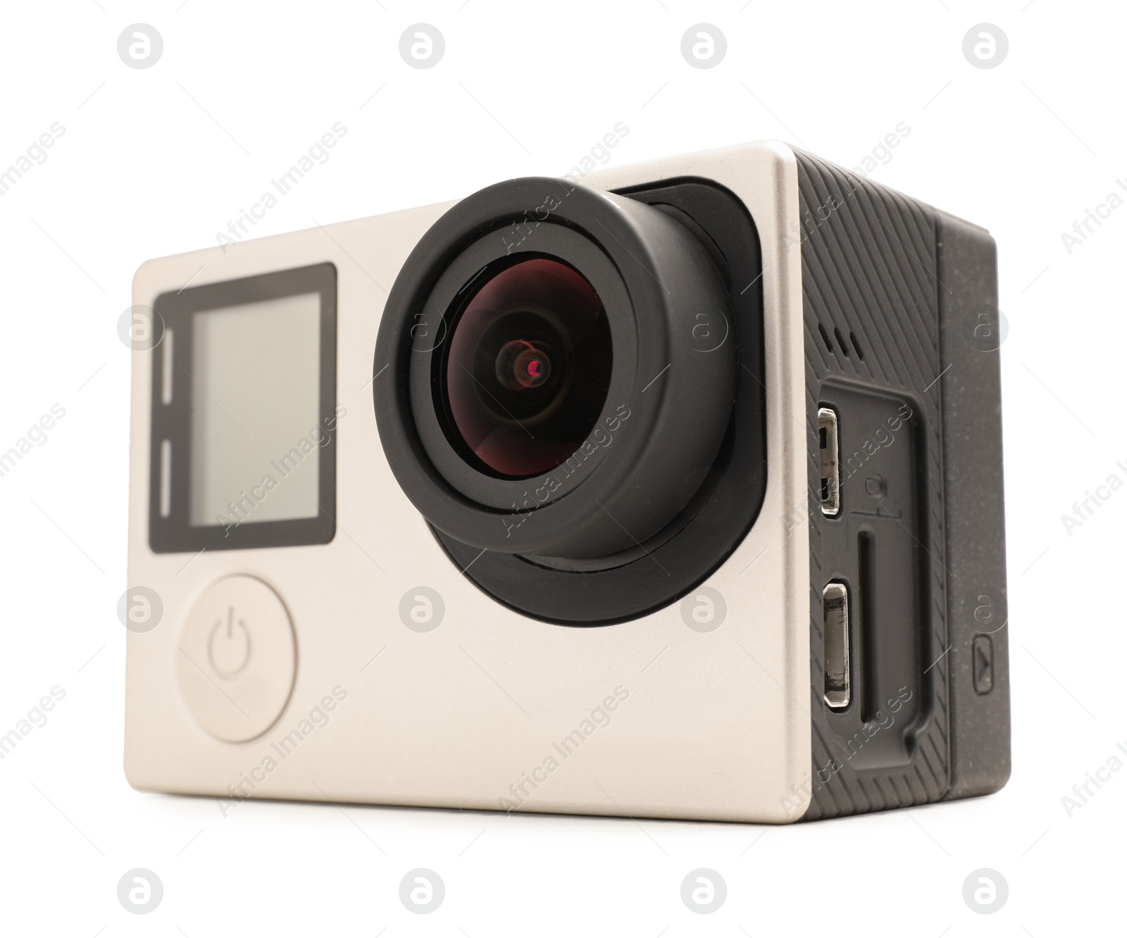 Photo of One modern action camera isolated on white