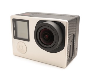 Photo of One modern action camera isolated on white