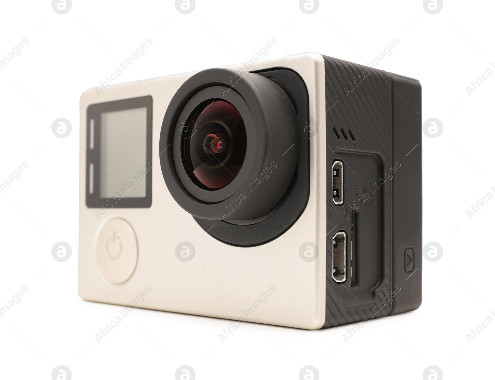 Photo of One modern action camera isolated on white