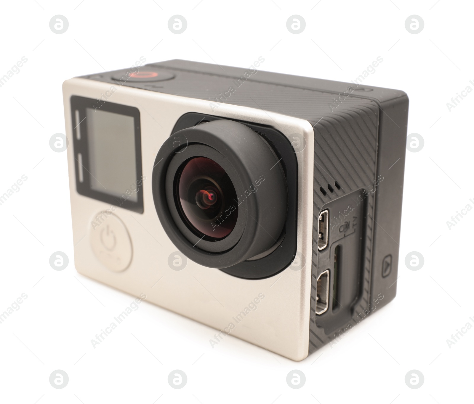 Photo of One modern action camera isolated on white