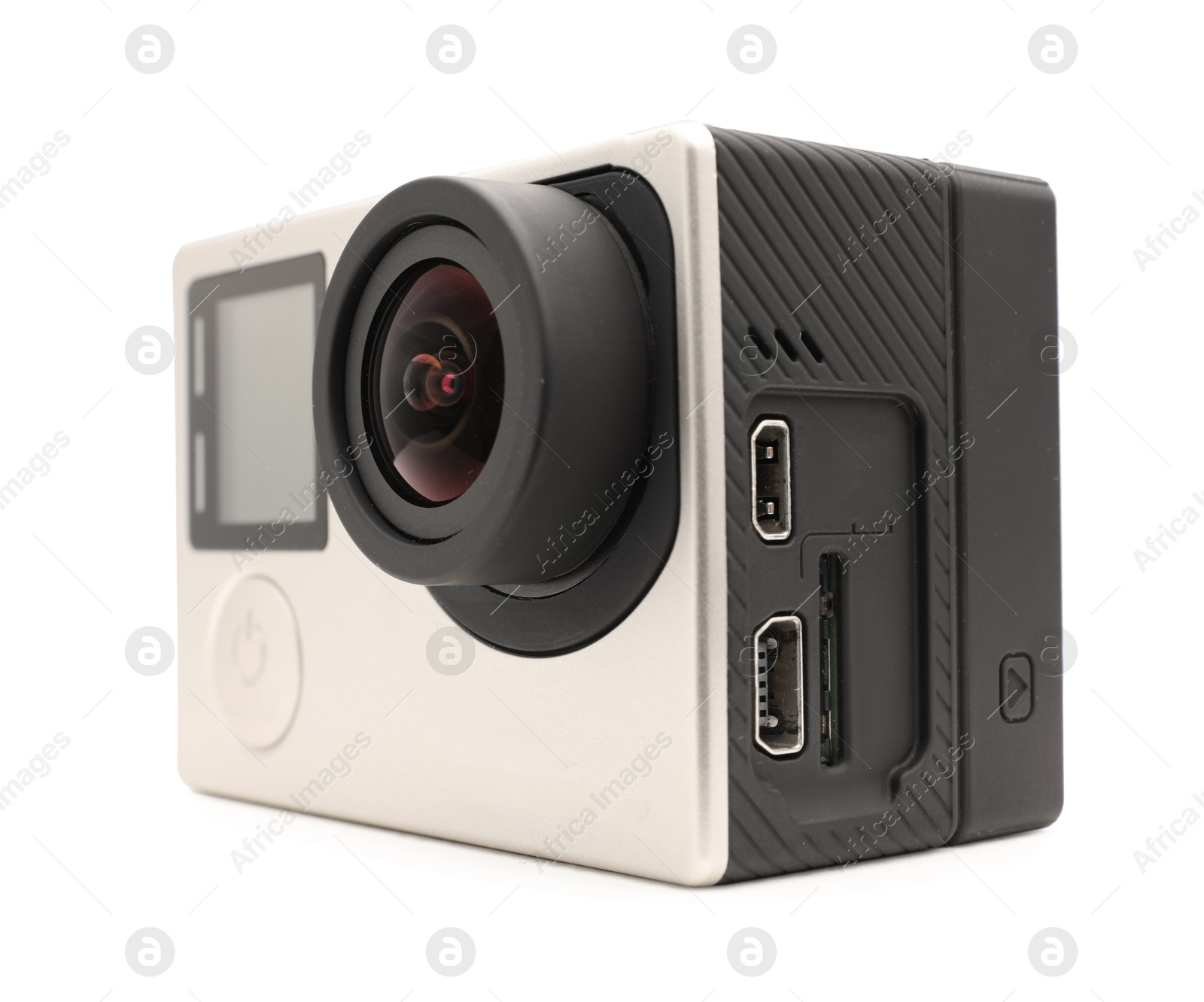 Photo of One modern action camera isolated on white