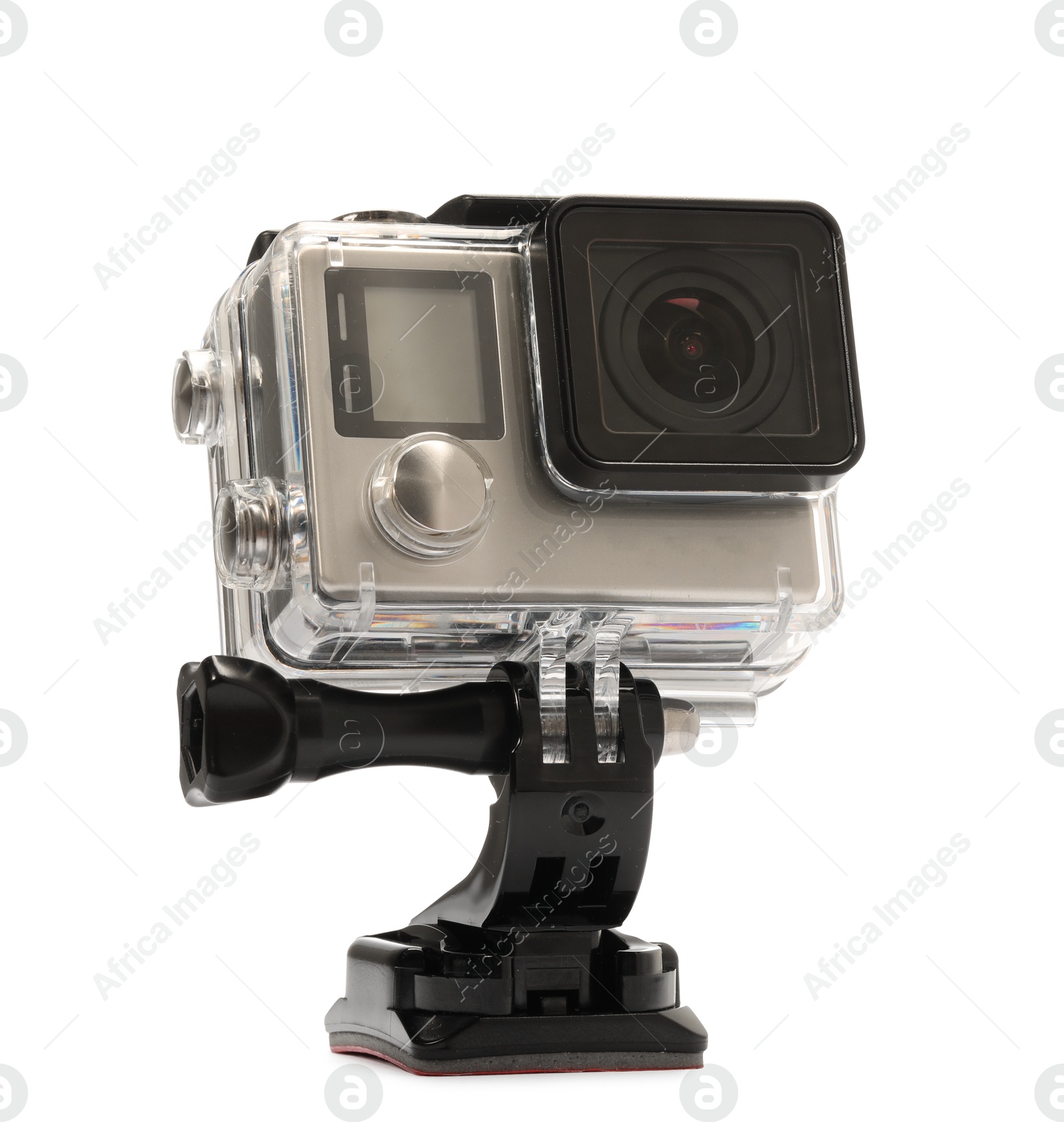 Photo of Modern action camera and mount isolated on white