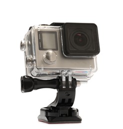 Modern action camera and mount isolated on white