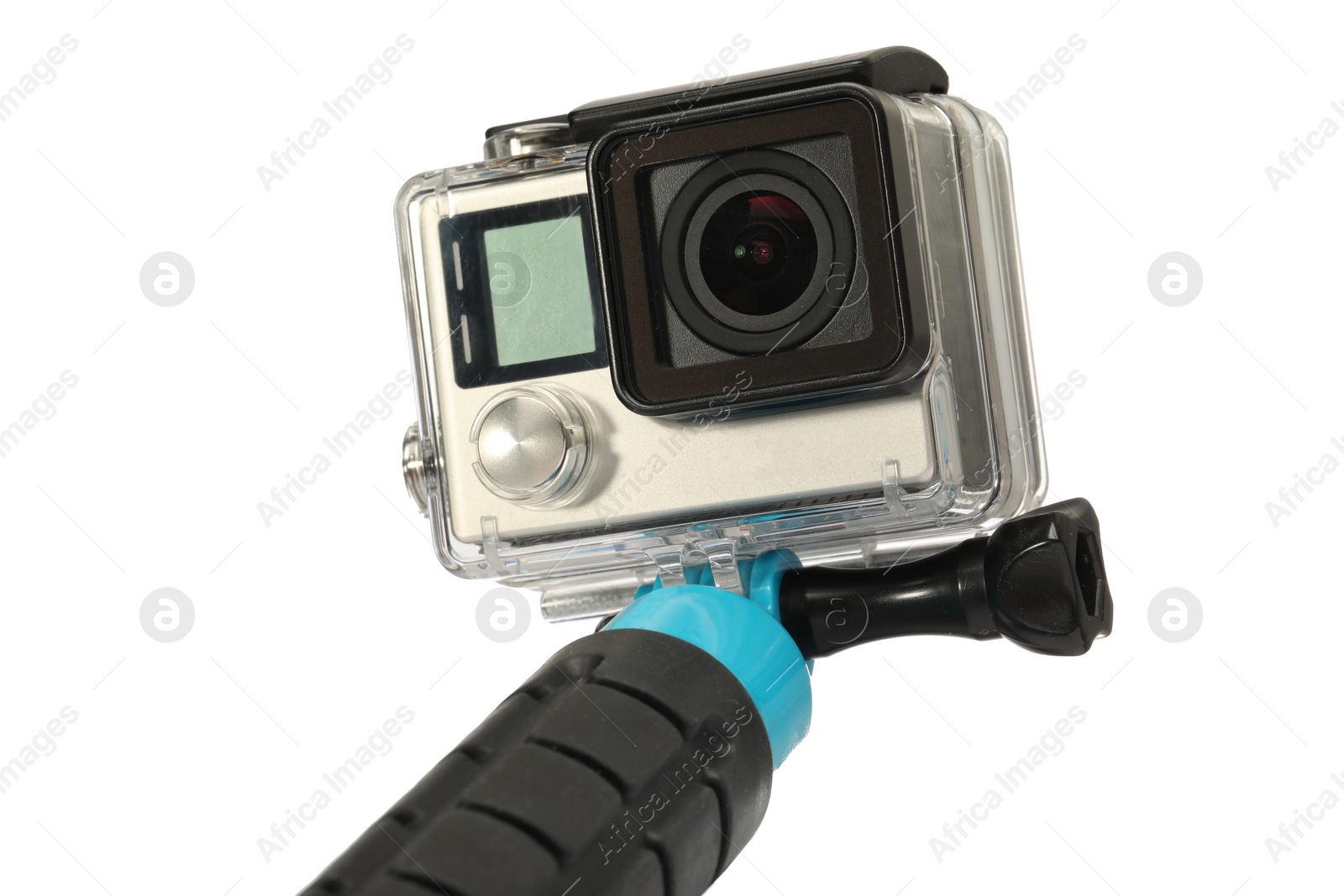 Photo of Modern action camera and monopod isolated on white