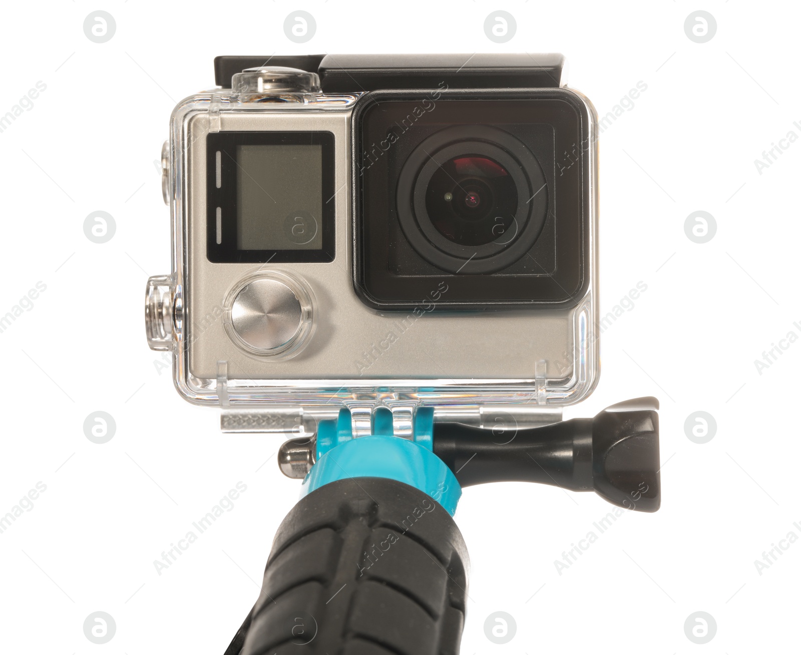 Photo of Modern action camera and monopod isolated on white