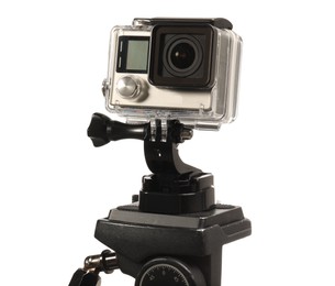 Modern action camera and stabilizer isolated on white