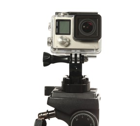 Modern action camera and stabilizer isolated on white